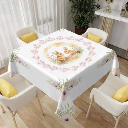 Quadratische Tischdecke Ostermotiv, Polyester 54"x54", dekoriert mit Hasen und Blumen, waschbar und wasserabweisend für Tischdekoration