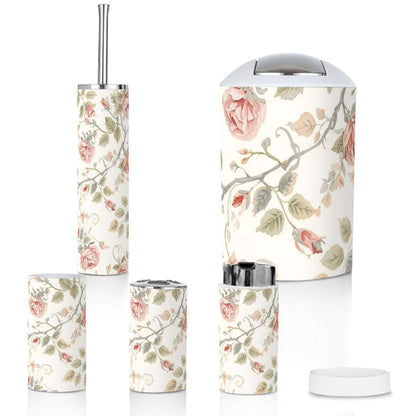 Badezimmer-Accessoires-Set, 5-teilig aus Plastik mit floralem Druck, inklusive Zahnbürstenhalter und mehr, langlebig und wasserdicht.