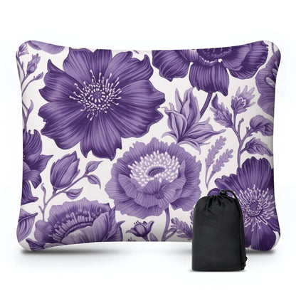 Video Aufblasbares Campingkissen mit lila Blumenmuster, hautfreundlich, atmungsaktiv, aus Polyester.