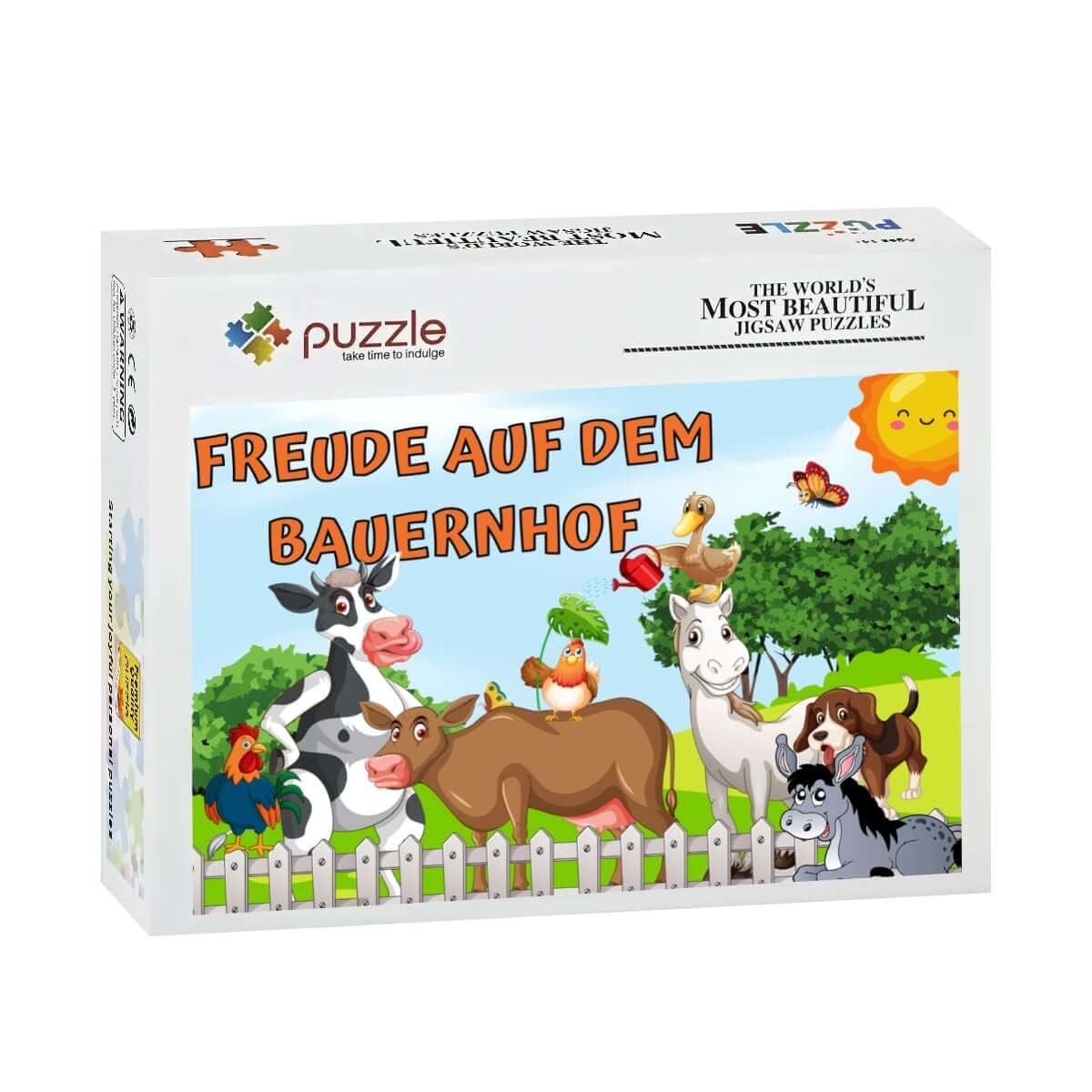 Freude auf dem Bauernhof Puzzlebox mit bunten Tieren und sonnigem Bauernhofdesign.