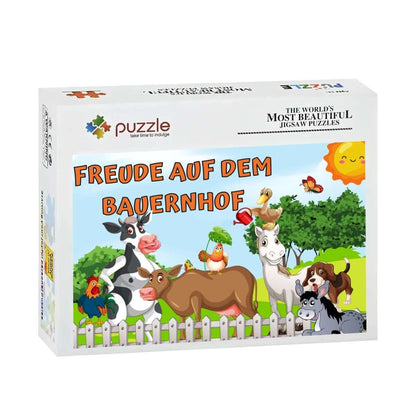 Freude auf dem Bauernhof Puzzlebox mit bunten Tieren und sonnigem Bauernhofdesign.