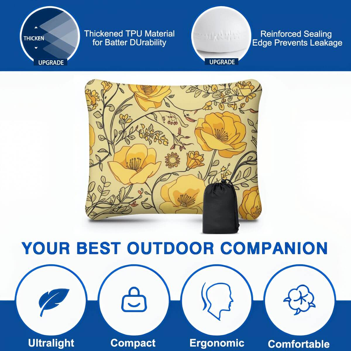 Aufblasbares Campingkissen mit floralem Design, ultraleicht und ergonomisch, perfekt für Outdoor-Aktivitäten.