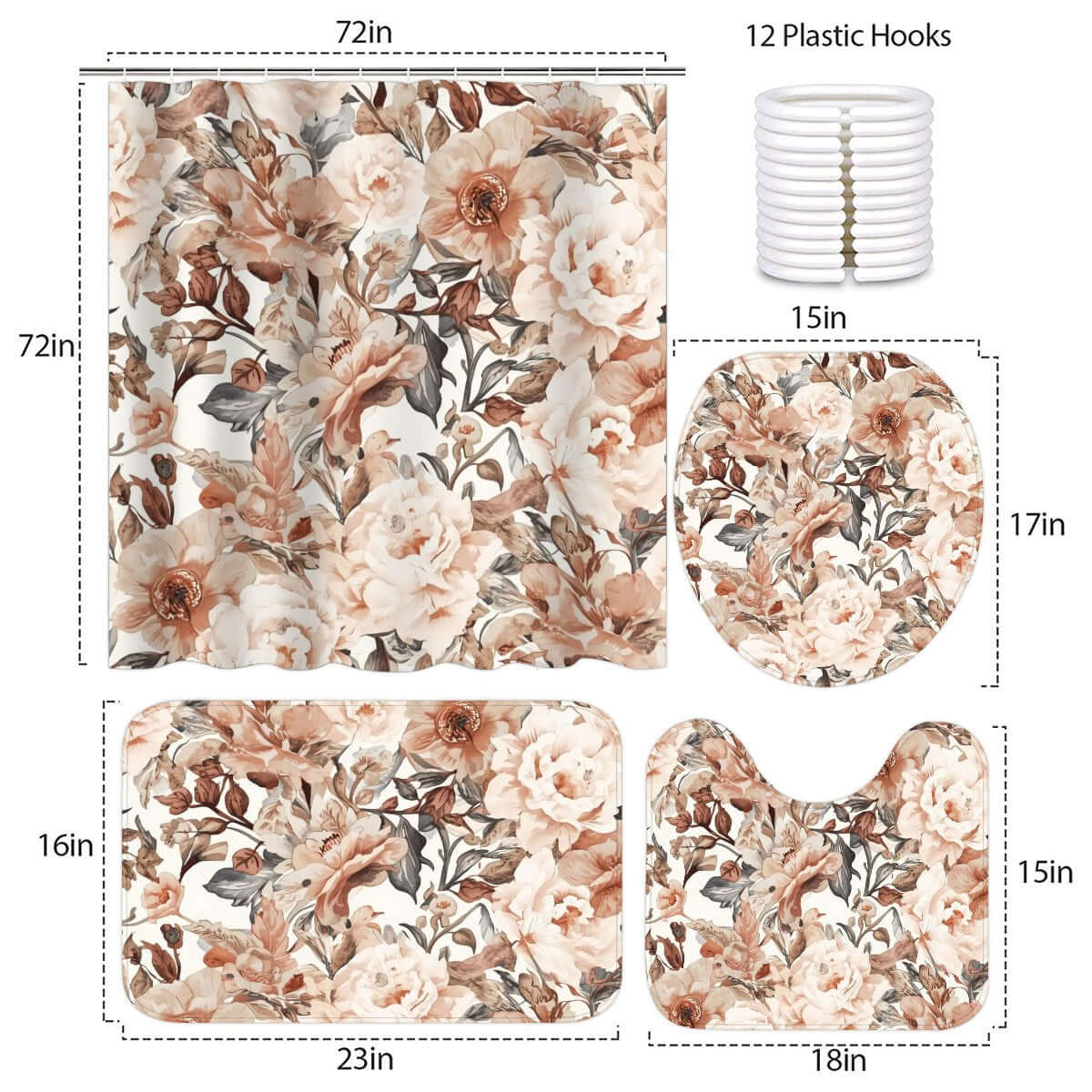 Video Badezimmerteppich-Set mit Duschvorhang, 4-teilig, Blumenmuster, inklusive Haken, Polyester, verschiedene Größen