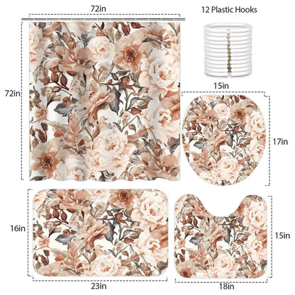 Video Badezimmerteppich-Set mit Duschvorhang, 4-teilig, Blumenmuster, inklusive Haken, Polyester, verschiedene Größen