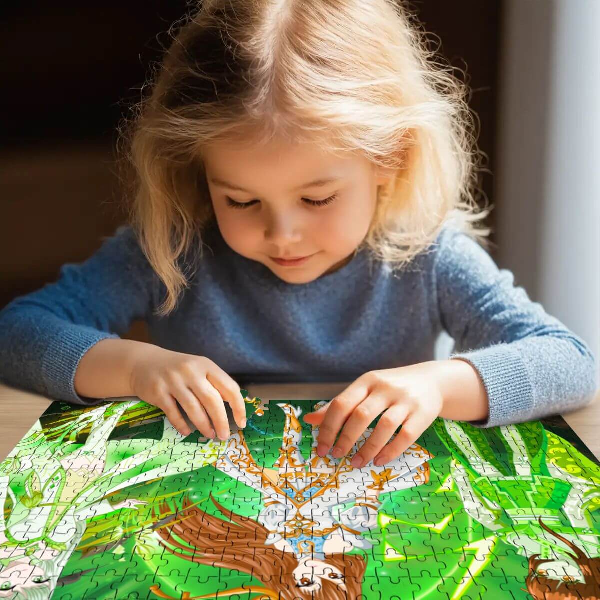 Ein Mädchen, das konzentriert an einem 500-teiliges Holzpuzzle (horizontal) arbeitet, umgeben von bunten Puzzlestücken.