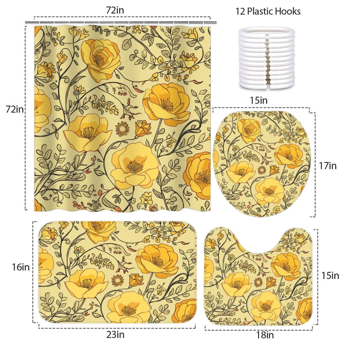 Badezimmerteppich-Set mit Duschvorhang, 4-teilig, gelbes Floralmuster, Polyester, mit Maßangaben und 12 Plastik-Haken, blumiges Design