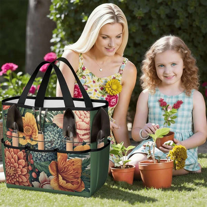 Gartengerätetasche aus Oxford-Stoff mit floralem Design, gefüllt mit Werkzeugen, ideal für Gartenarbeit. Perfektes Accessoire für Gartenliebhaber.