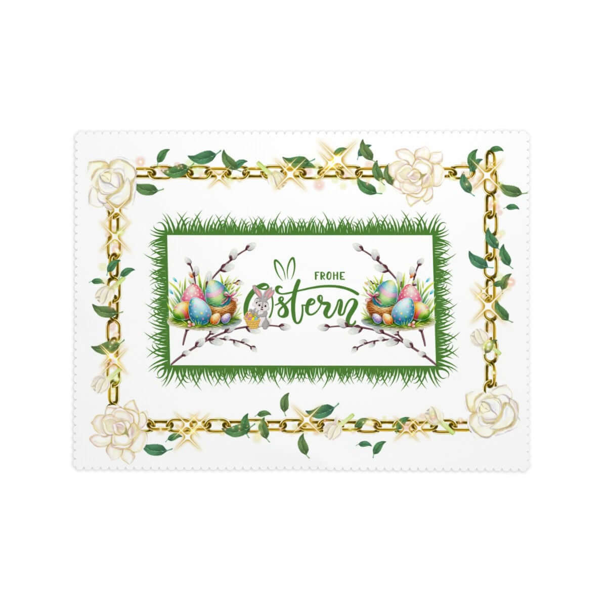 Rechteckige Tischdecke mit Wellenrand Ostermotiv, 72"x54", 100% Polyester, einseitiger Druck, Ostereier- und Blumenmuster, Fröhliche Ostern.