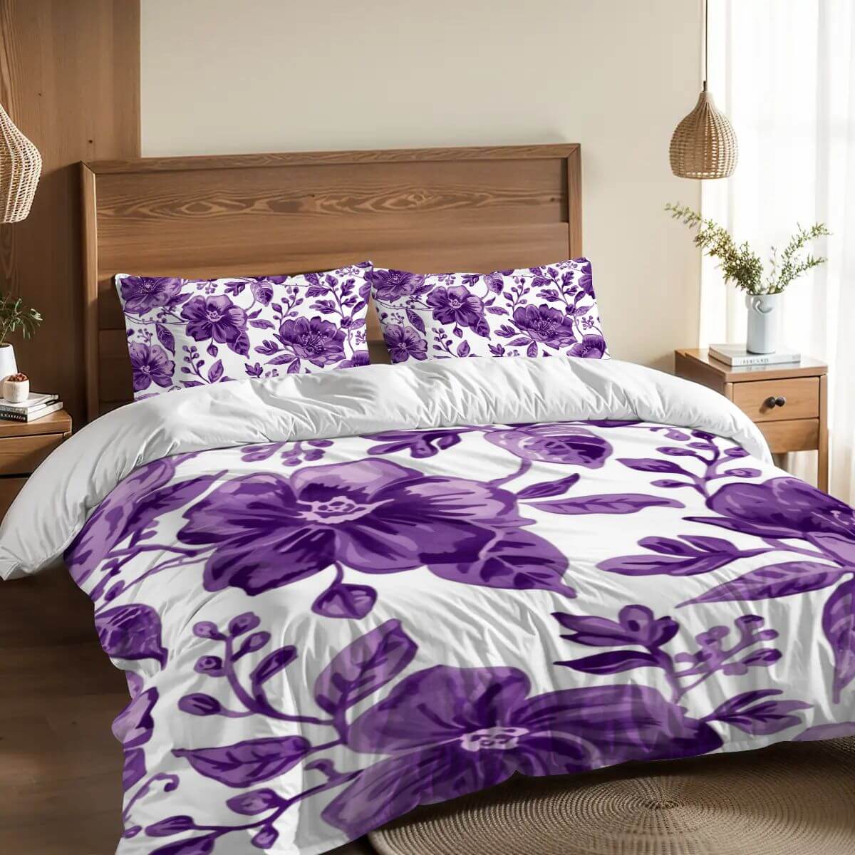 Komplettes Bettwäscheset aus 90GSM Polyester mit floralem Design in Lila, Bettbezug 80x90 und Kissenbezüge 30x20-2 Stück, Sublimationstechnik.