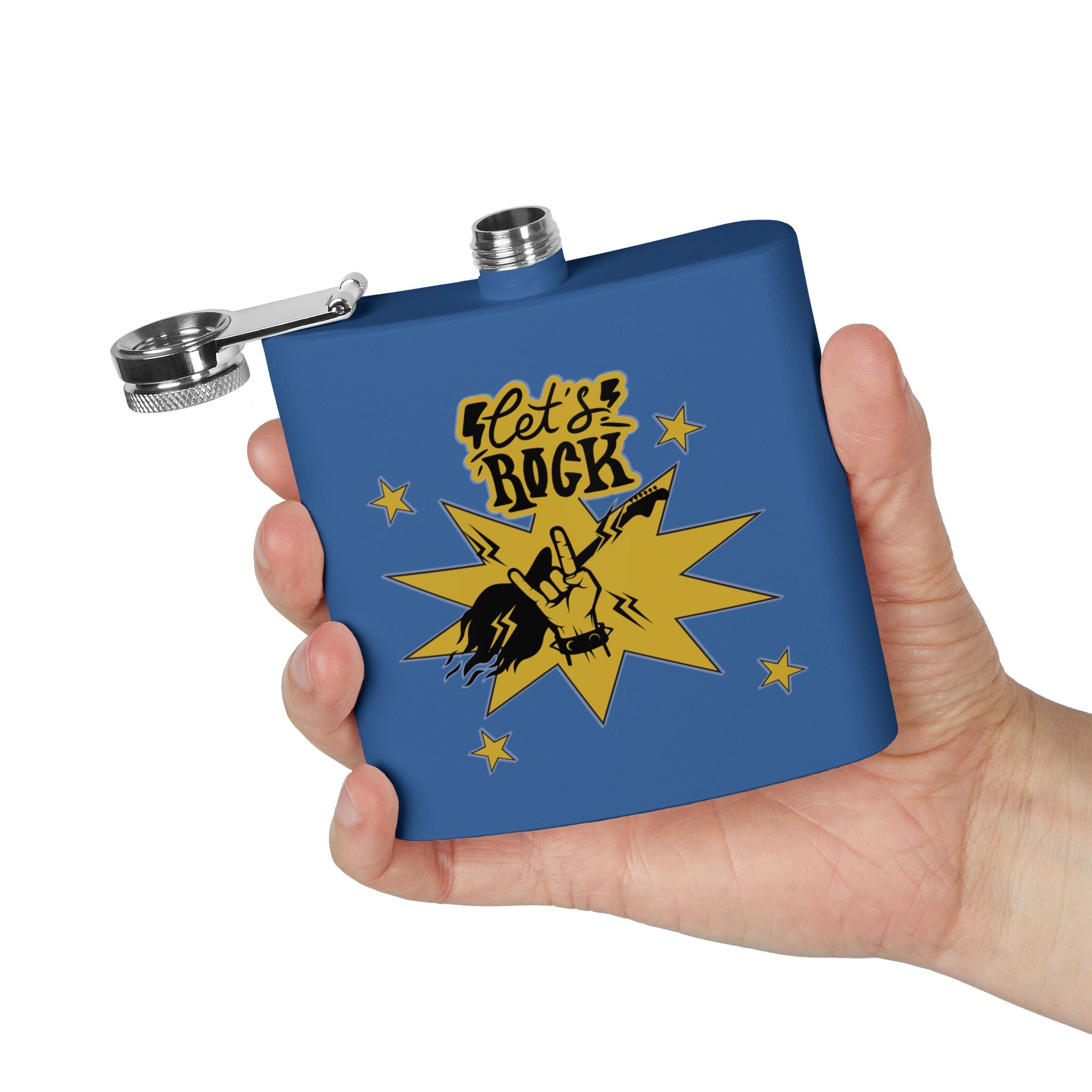 Edelstahl-Flachmann „Rock On“ – 170 ml „Let’s Rock“-Design für Musikliebhaber royal in der Hand