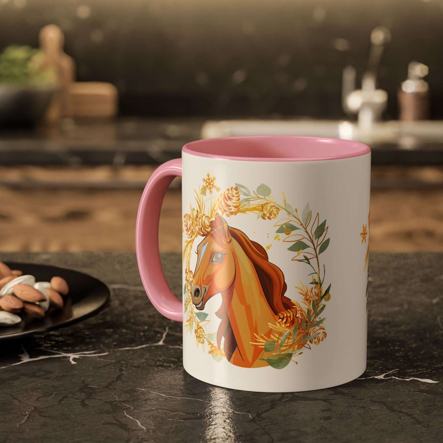 Kaffeetasse mit Pferdemotiv und Blumenmuster Pink