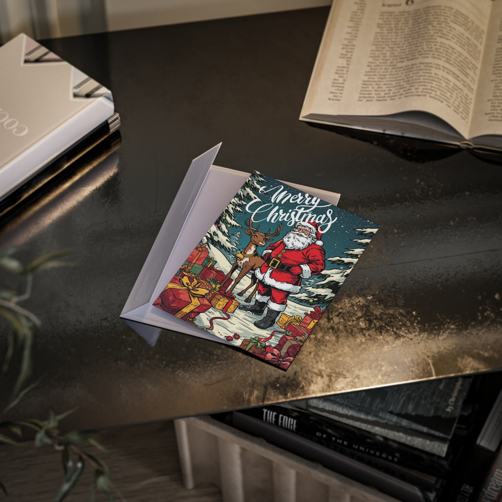 Festliche Weihnachtskarten mit Weihnachtsmann und Rentier