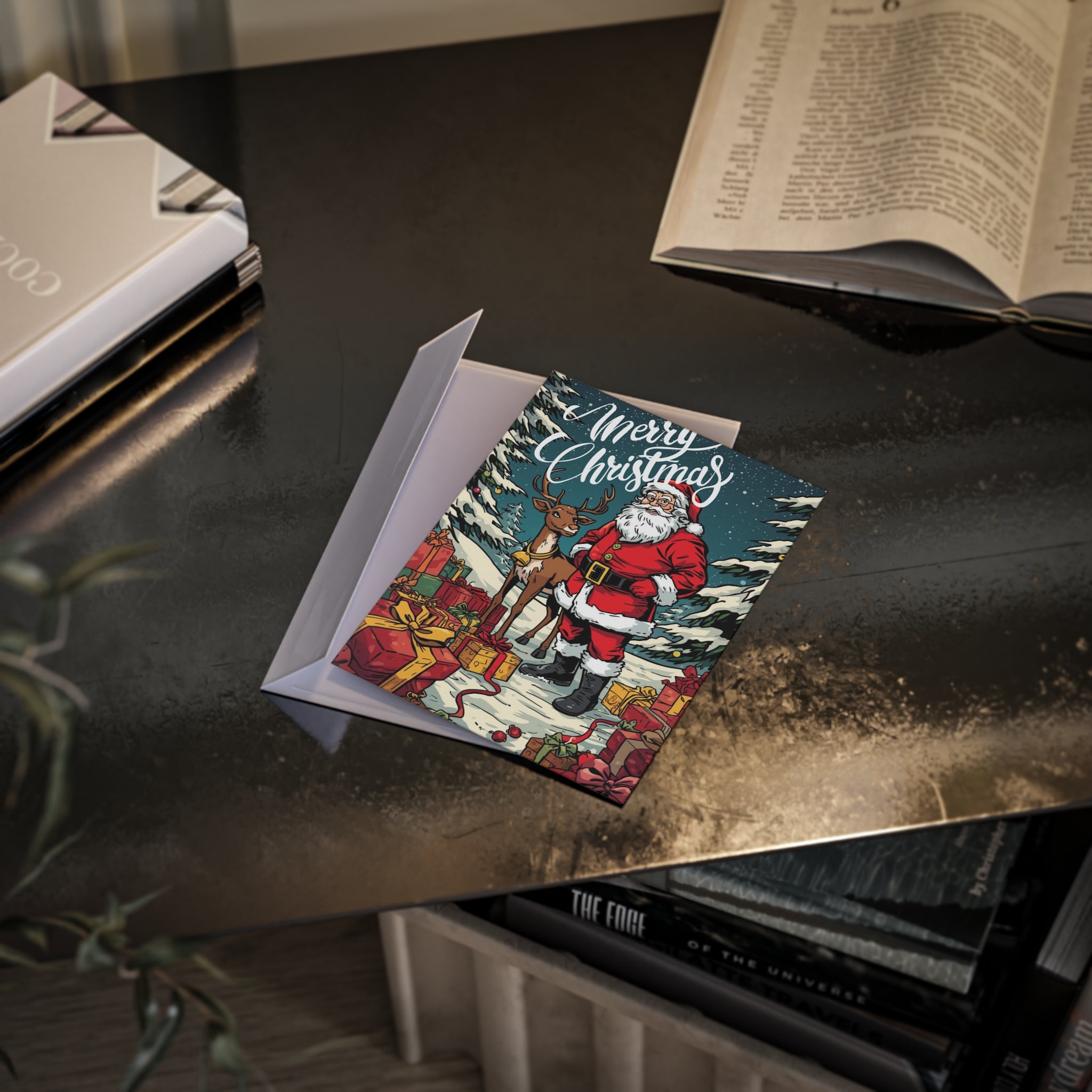 Festliche Weihnachtskarten mit Weihnachtsmann und Rentier