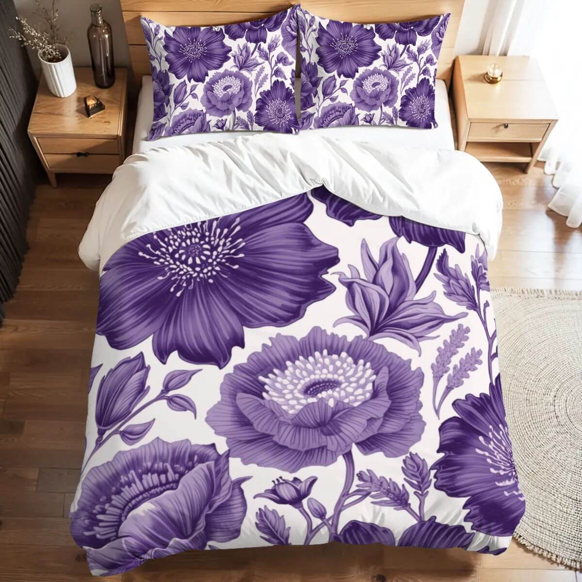 Komplettes Bettwäscheset in Lila mit Blumenmuster aus 90GSM Polyester, inklusive Bettbezug 80x90 Zoll und zwei Kissenbezügen 30x20 Zoll.