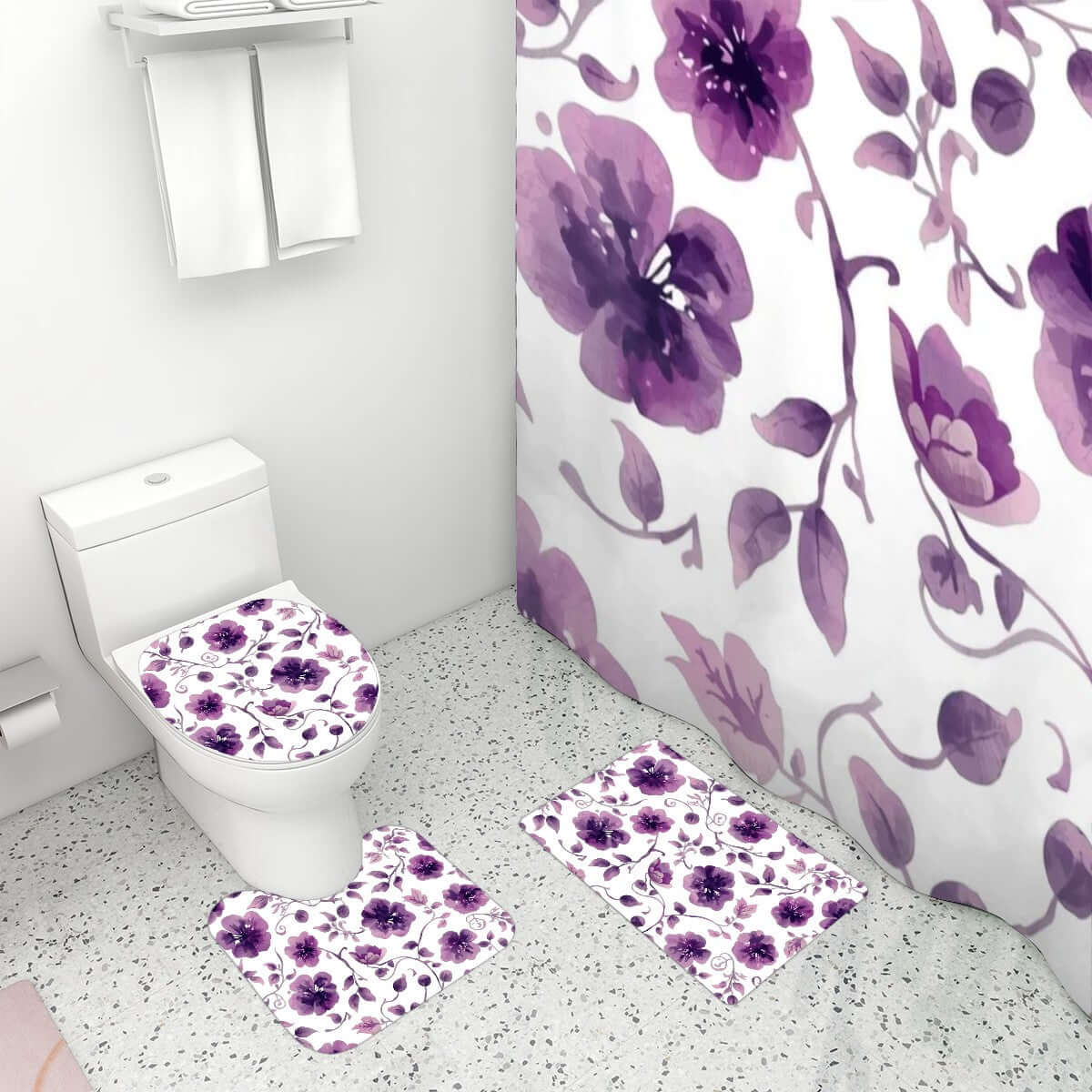 Video Badezimmerteppich-Set mit Duschvorhang, 4-teilig, lila Blumenmuster, aus Polyester, inklusive Toilettensitzabdeckung und Teppiche