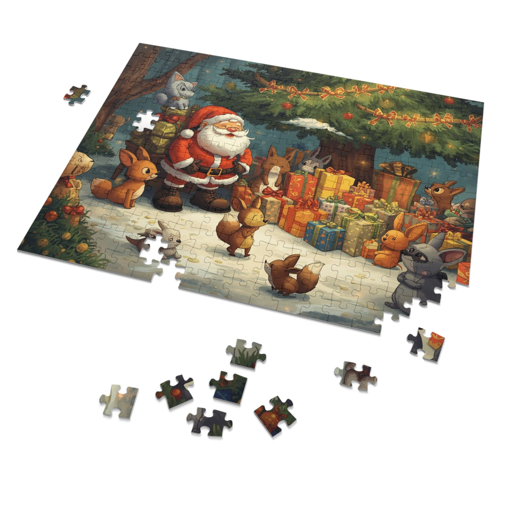 Festliches Weihnachtspuzzle mit Dose Weihnachtsmann und Tiere