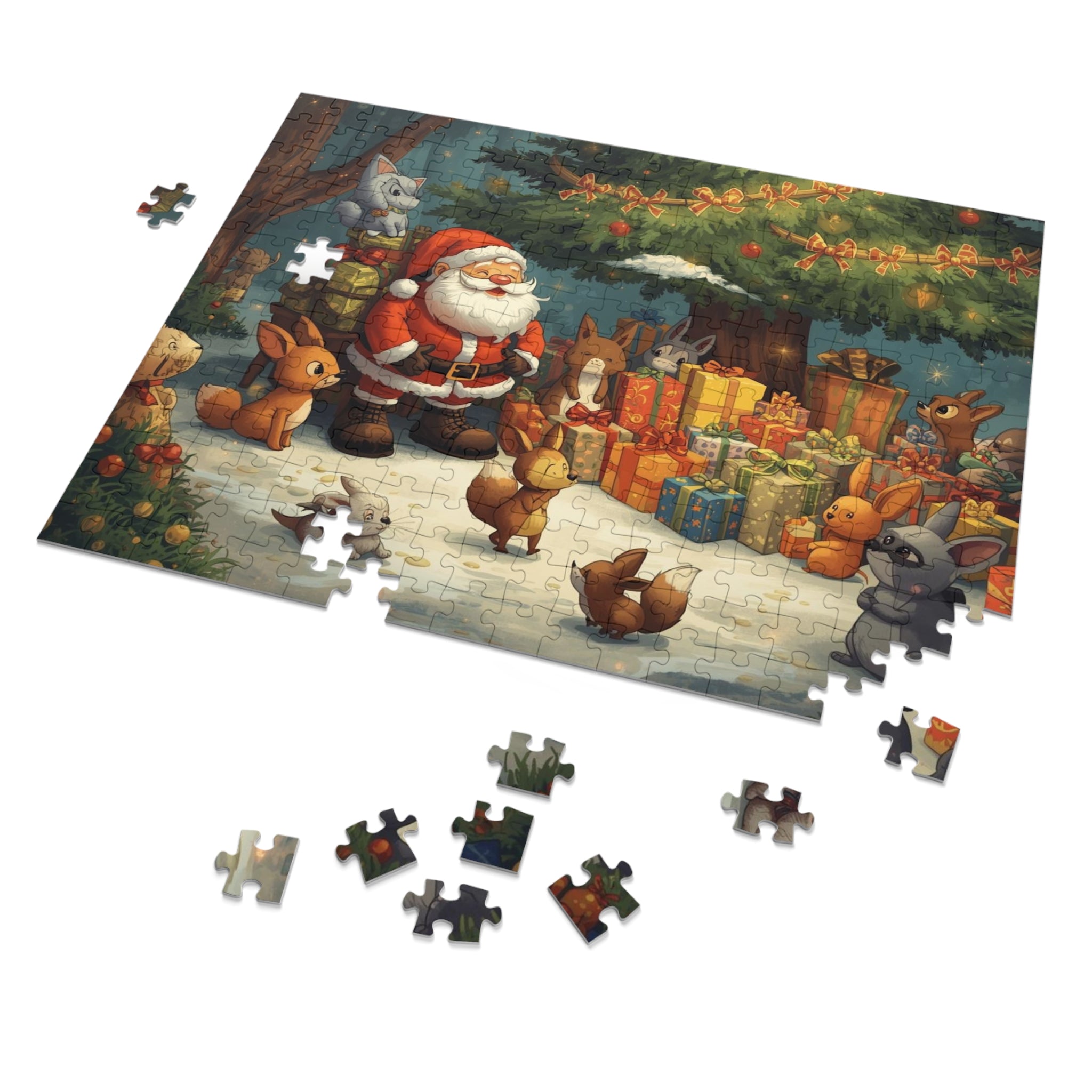 Festliches Weihnachtspuzzle mit Dose Weihnachtsmann und Tiere