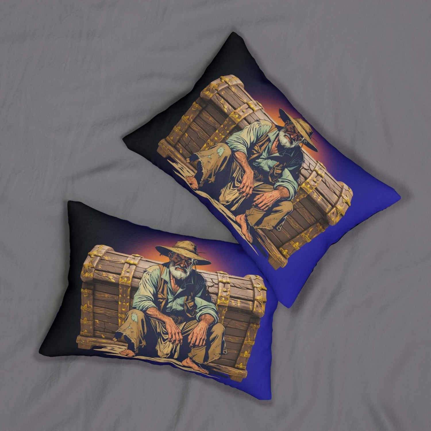 Lendenkissen Vintage Design zum Kuscheln mit doppelseitigem Druck eines Goldsuchers auf tiefem Indigo-Hintergrund.