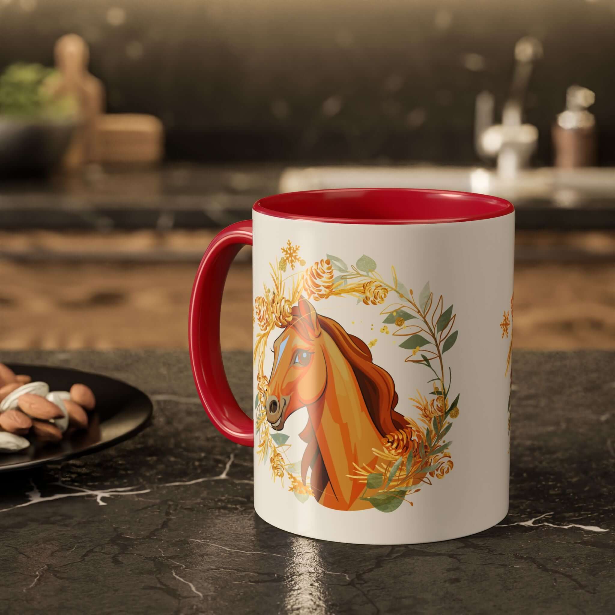 Kaffeetasse mit Pferdemotiv und Blumenmuster Rot