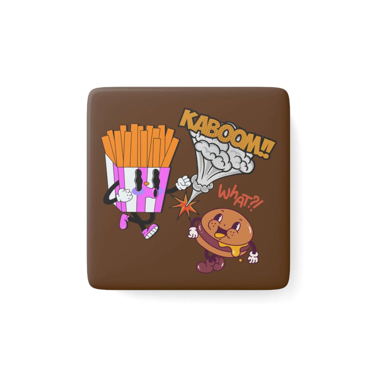 Porzellan Magnet Lustiger Cartoon Kühlschrankmagnet mit Cartoon-Motiven auf braunem Hintergrund, quadratische Form, hochglänzend.