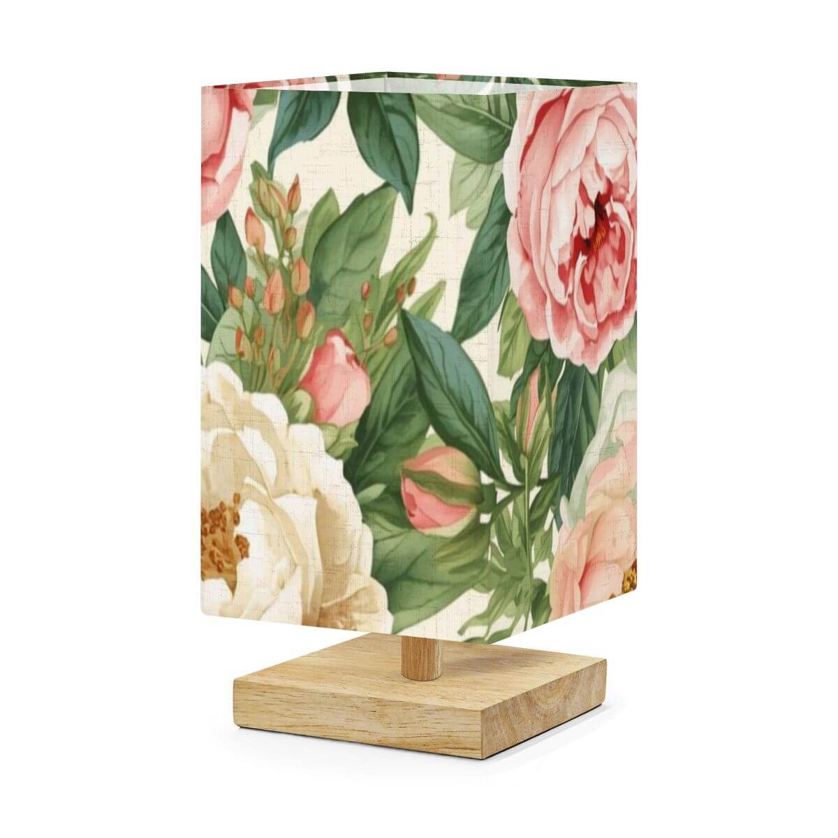 Quadratische Tischlampe aus Leinen und Gummiholz mit Blumendesign, ideal für eine warme Atmosphäre im Wohnbereich. Größe 5,5"x5,5"x11,0".