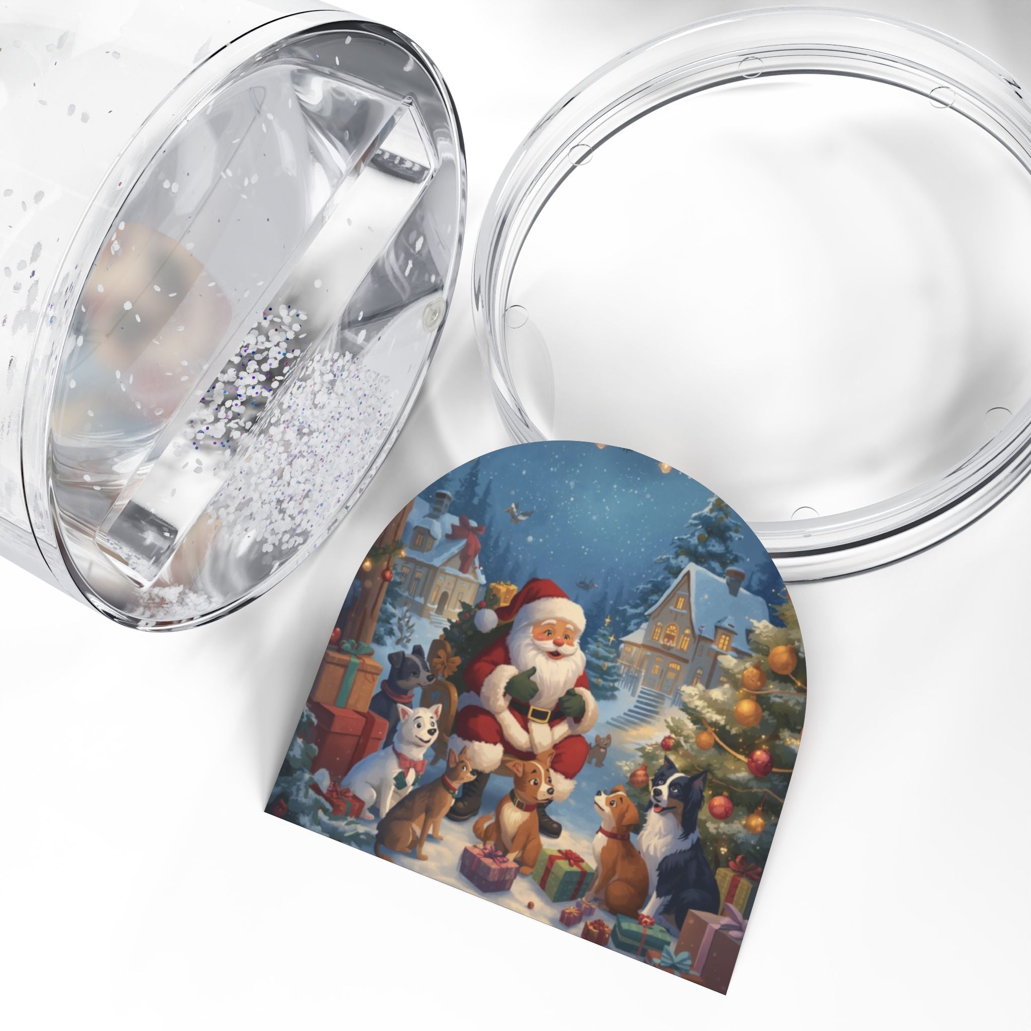 Festliche Schneekugel mit Weihnachtsmann und Tieren Öffnung