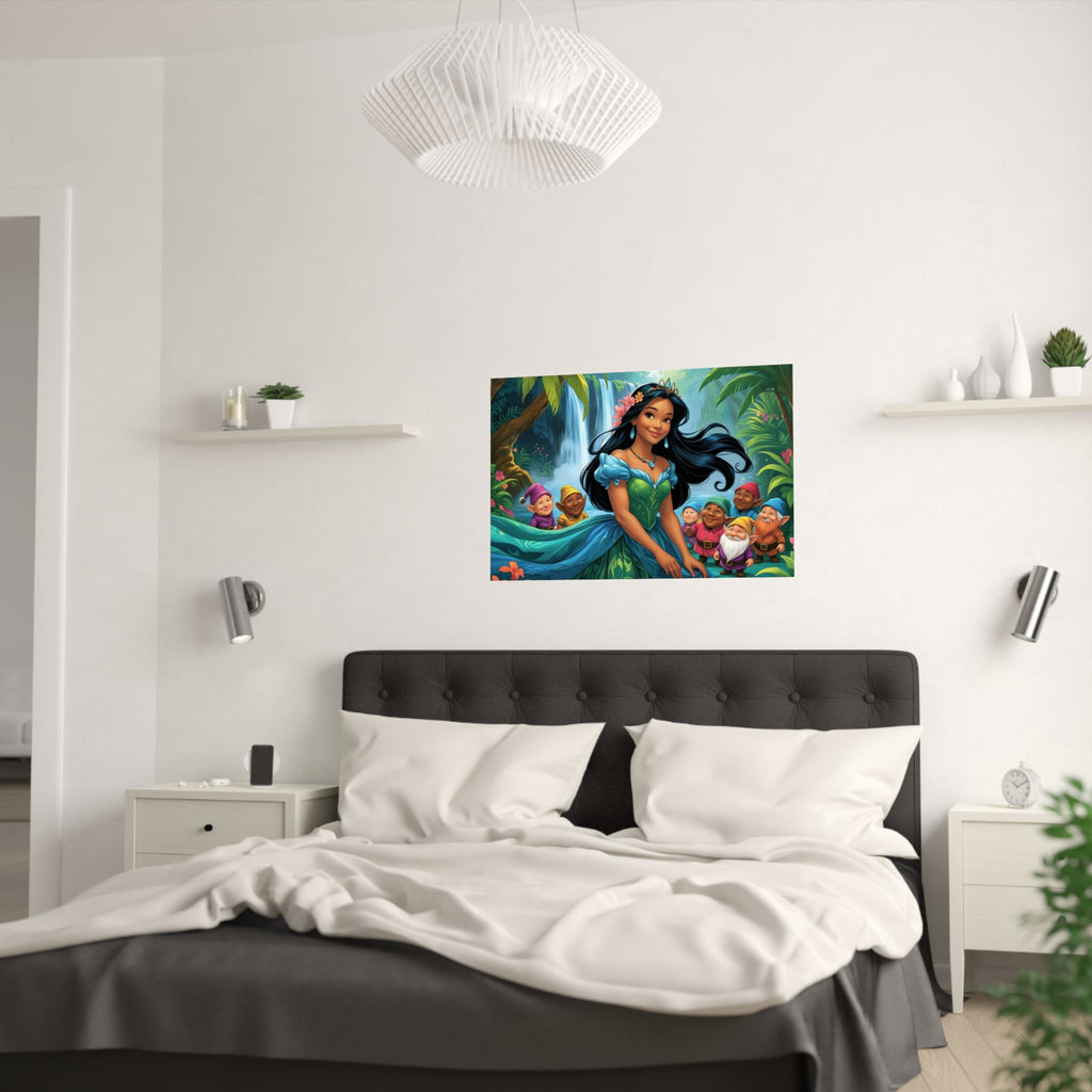Zauberhaftes Satin-Poster-Dekor – Fantasy-Kunstwerk ein e Prinzessin i und Zwerge am Wasserfall über das Bett