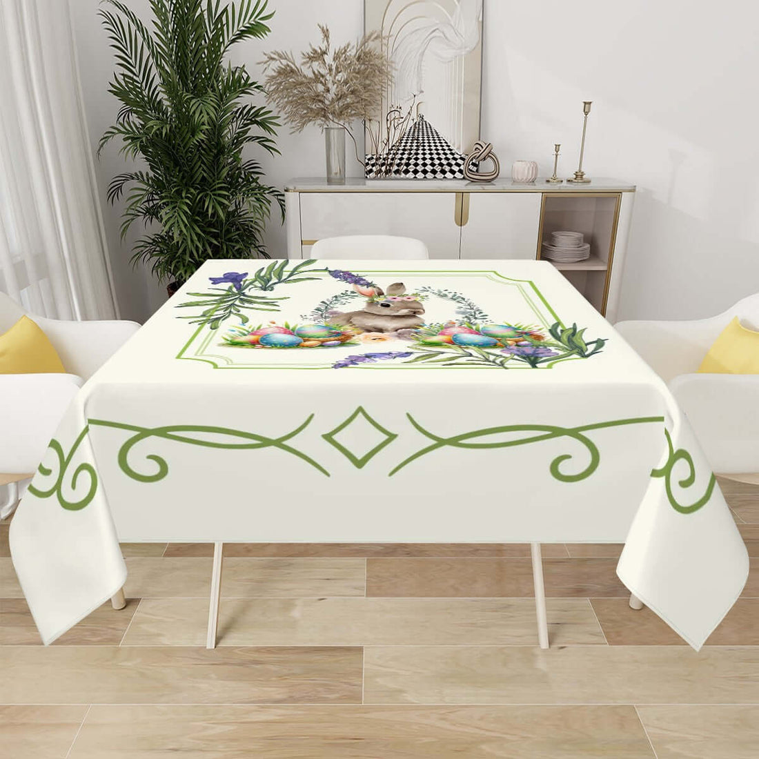 Quadratische Tischdecke Ostermotiv aus Polyester, 54"x54", einseitig bedruckt mit Ostermotiv, wasserabweisend und wiederverwendbar.