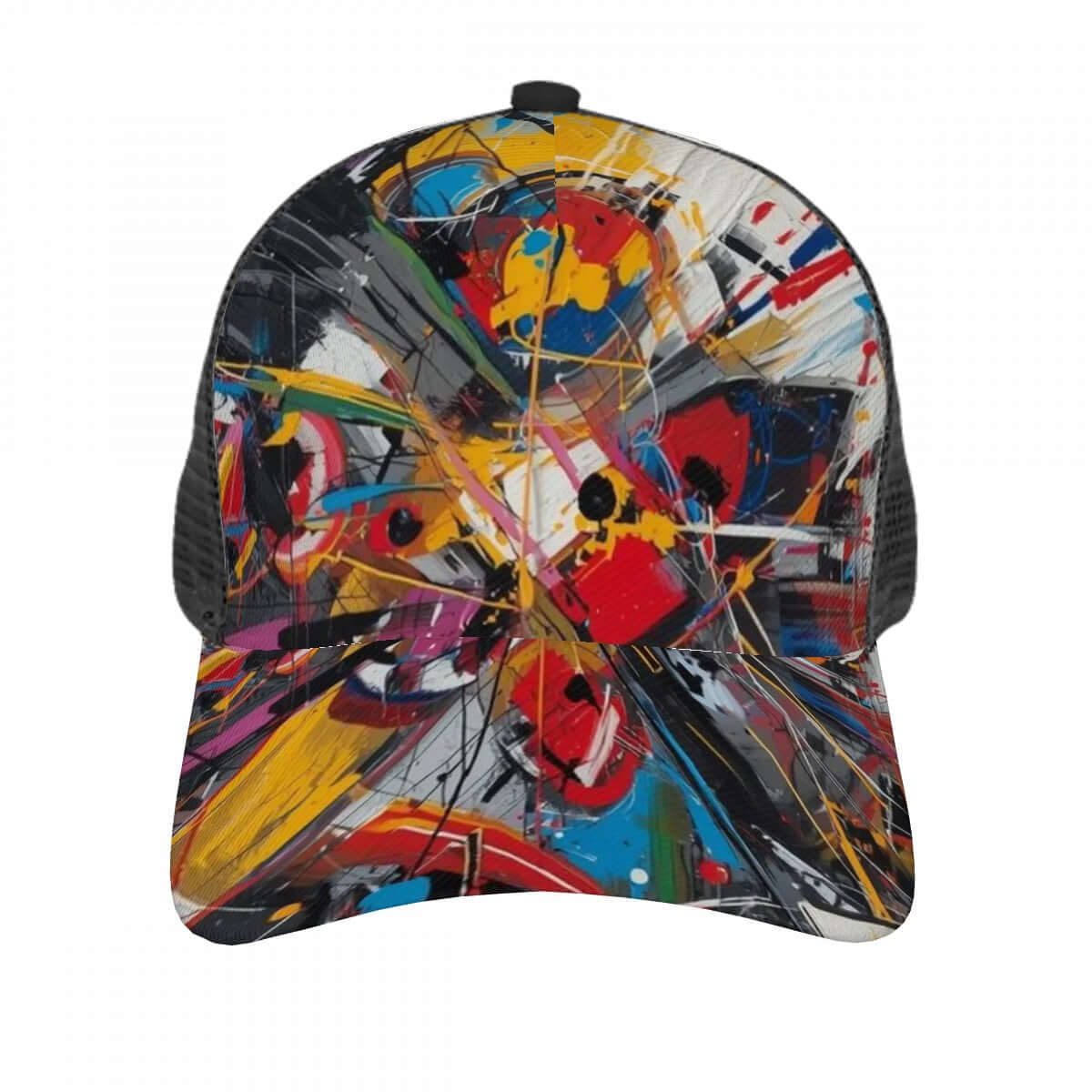 Baseballkappe mit Mesh-Einsatz, sublimiert, Polyester-Twill-Stoff, buntes Allover-Design, bequem und atmungsaktiv.