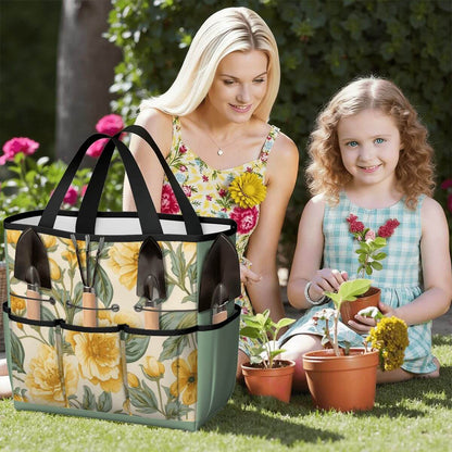 Mother and daughter gardening with floral Gartengerätetasche showcasing its large capacity and waterproof Oxford fabric.