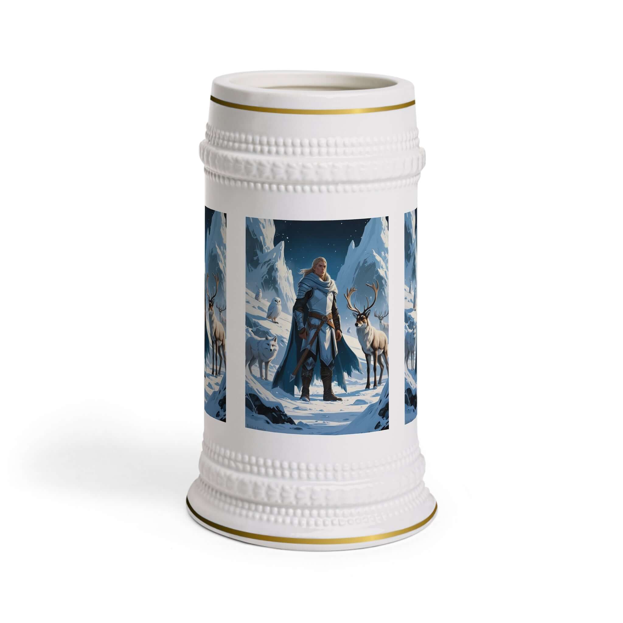 Bierkrug mit nordischem Krieger Ein Bierkrug, der nicht nur praktisch ist, sondern auch mit einem kraftvollen Motiv überzeugt. Das nordische Krieger-Design macht ihn zu einem besonderen Geschenk für Fans von Wikinger- und Fantasy-Themen.  Design: Nordisch