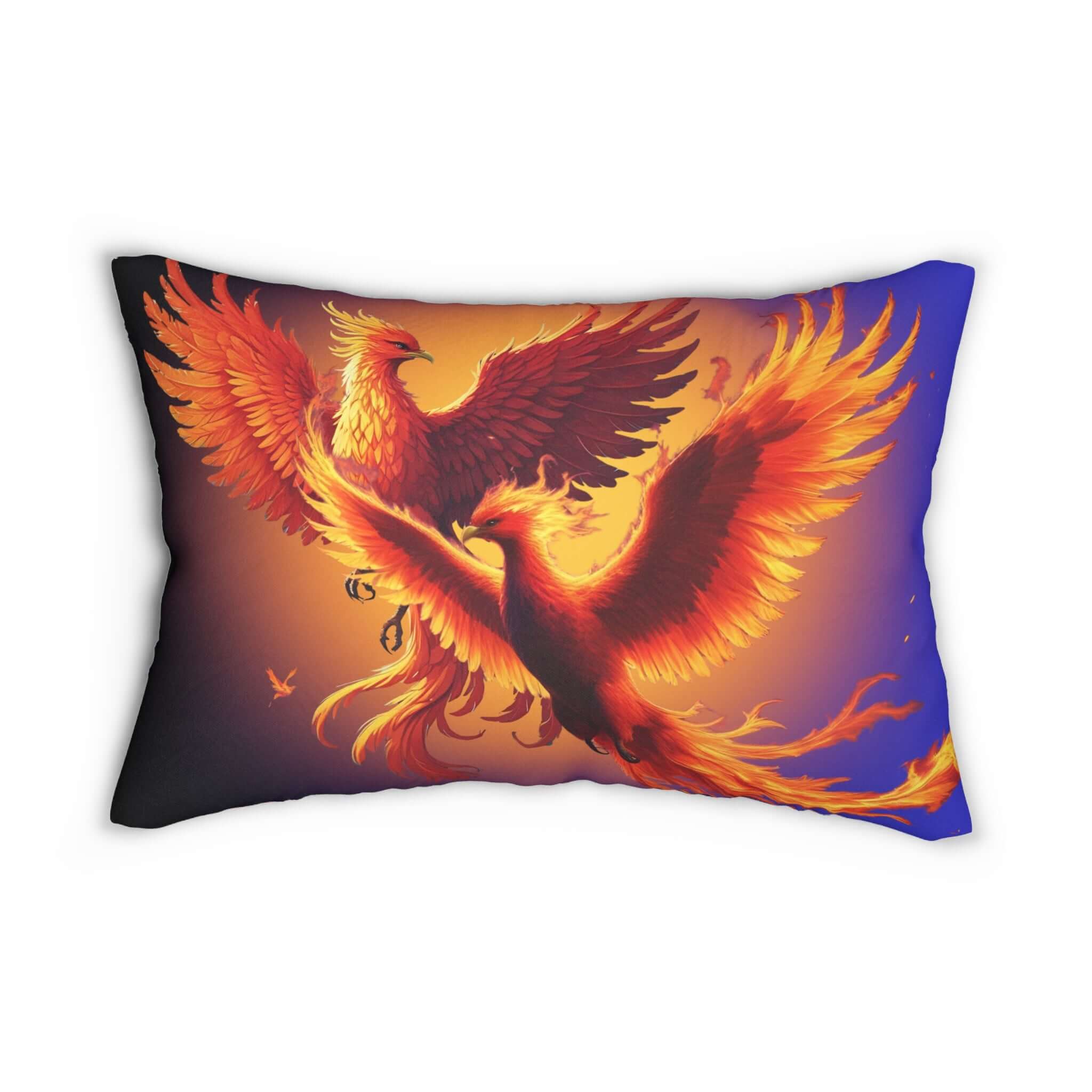 Lendenkissen mit Phönix Motiv zum Kuscheln, rechteckig, mit glühenden goldenen und roten Phönixen auf nachtblauem Hintergrund.