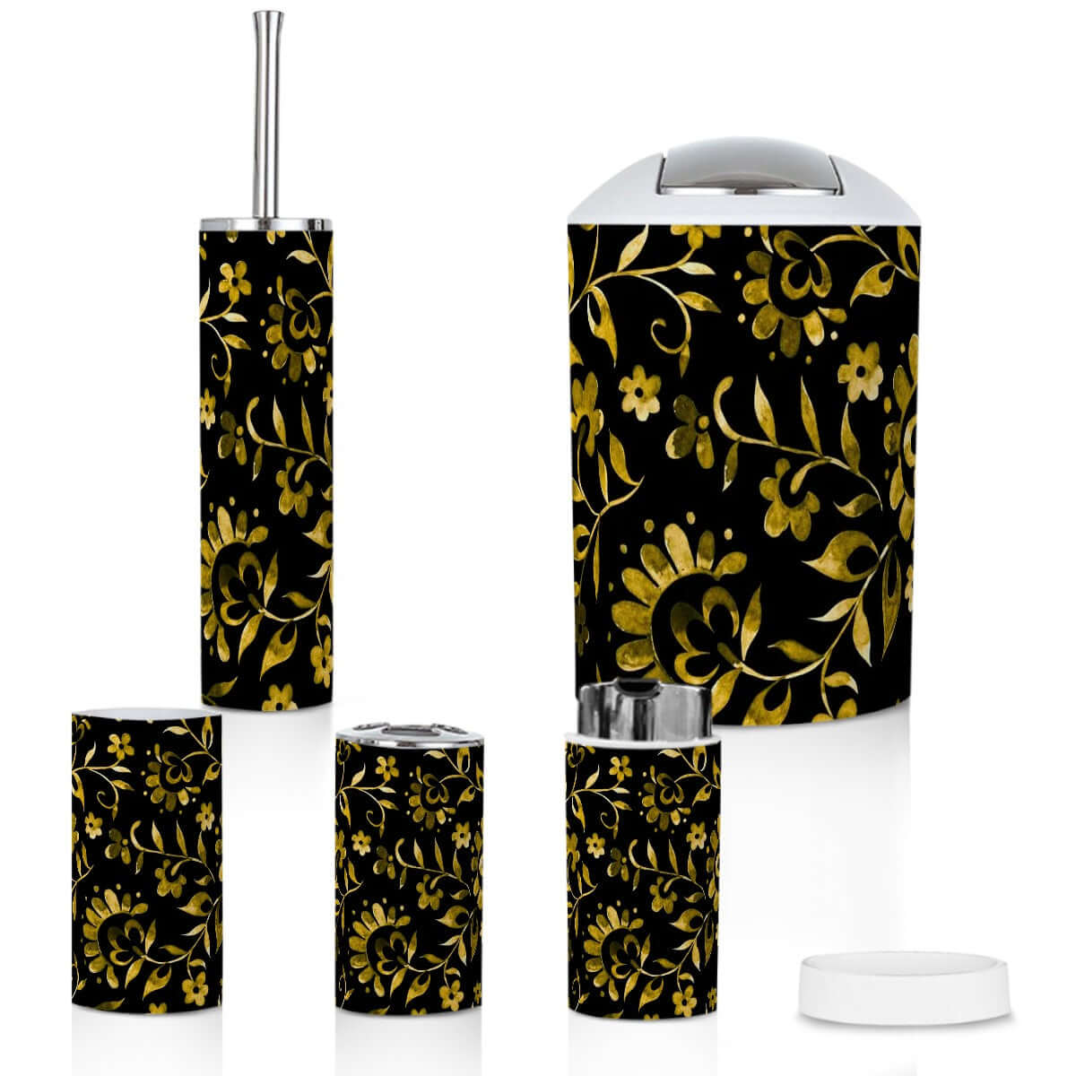 Badezimmer-Accessoires-Set, 5-teilig mit goldblumigem Muster auf schwarzem Hintergrund. Details für Badezimmer-Accessoires-Set, 5-teilig ansehen.
