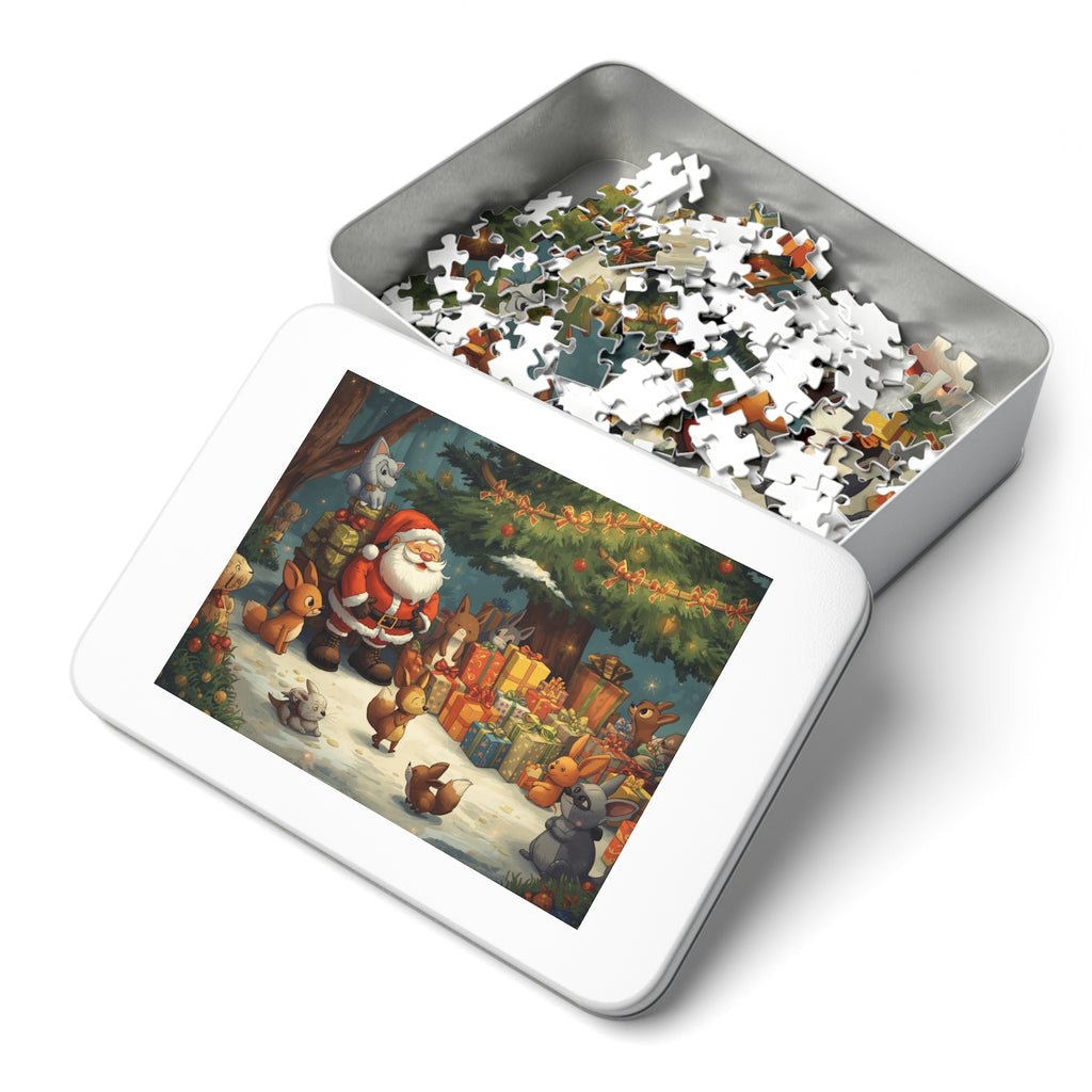 Festliches Weihnachtspuzzle mit Dose Weihnachtsmann und Tiere