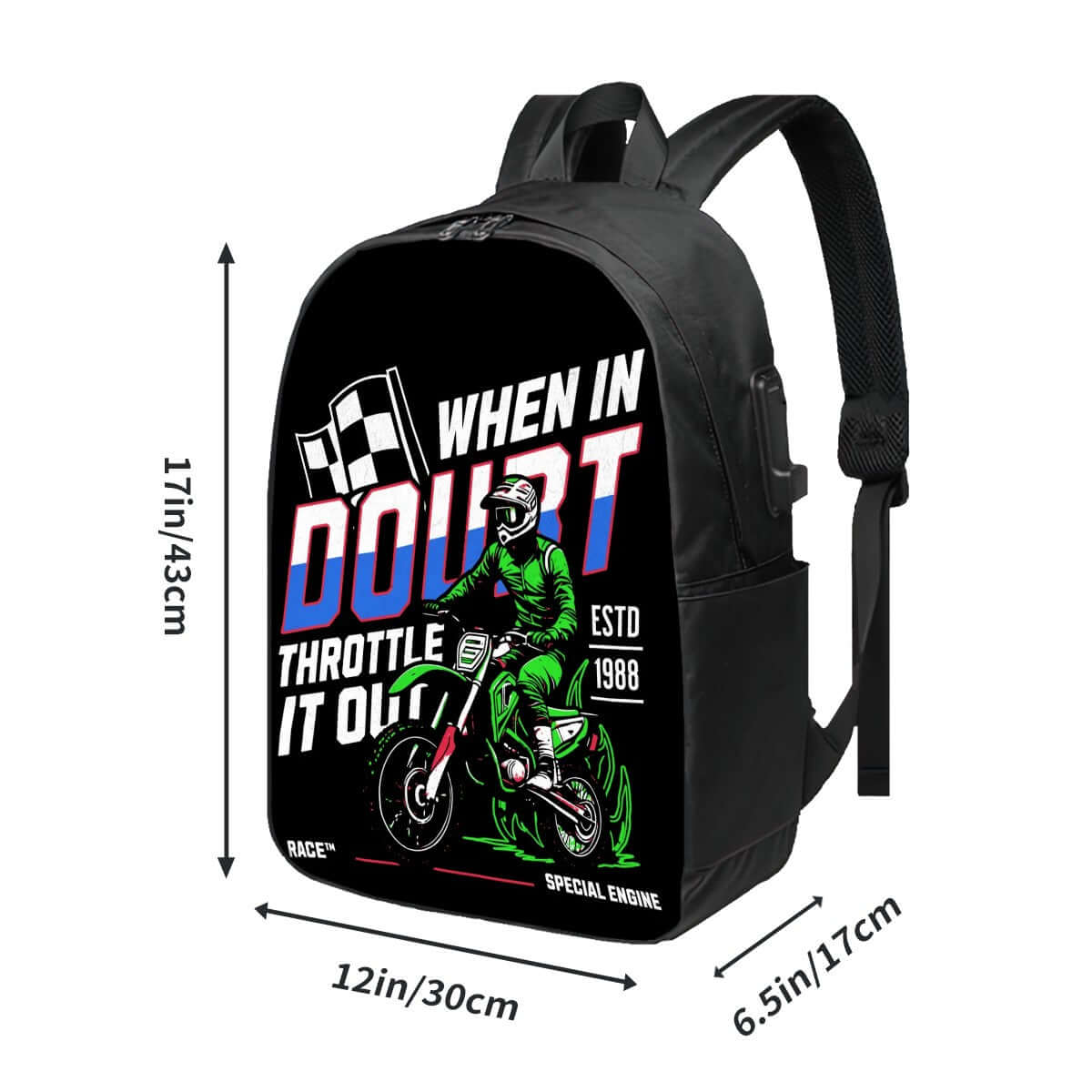 Motorrad-Rucksack mit "When in Doubt Throttle It Out" Design, schwarze Farbe, ergonomische Riemen, USB-Anschluss, Oxford-Stoff.
