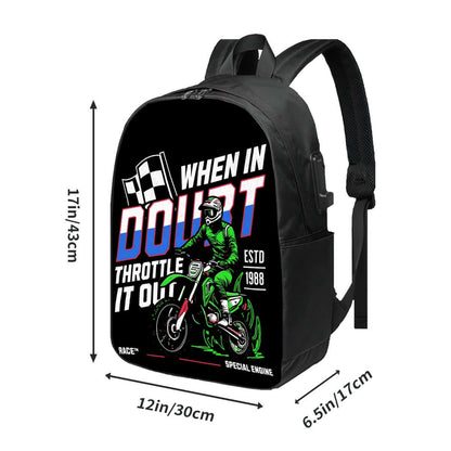 Motorrad-Rucksack mit "When in Doubt Throttle It Out" Design, schwarze Farbe, ergonomische Riemen, USB-Anschluss, Oxford-Stoff.