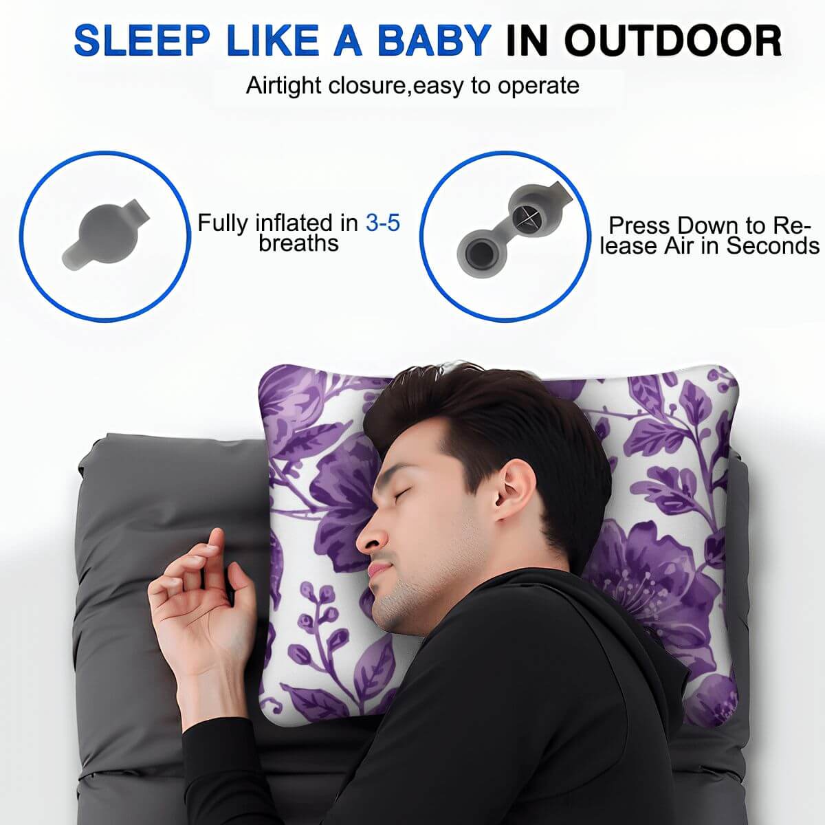 Mann schläft mit Video Aufblasbares Campingkissen im Freien, leicht aufblasbares Kissen mit floralem Design für Outdoor-Komfort.