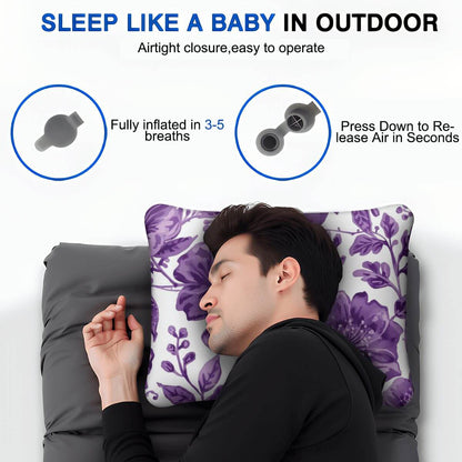 Mann schläft mit Video Aufblasbares Campingkissen im Freien, leicht aufblasbares Kissen mit floralem Design für Outdoor-Komfort.