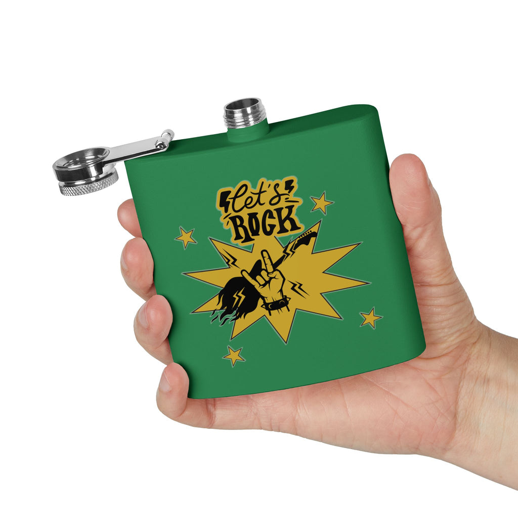 Edelstahl-Flachmann „Rock On“ – 170 ml „Let’s Rock“-Design für Musikliebhaber grün in der Hand