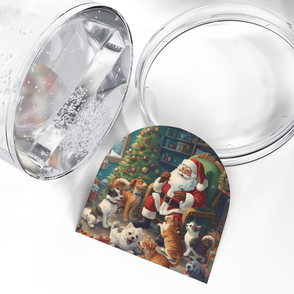 Weihnachts-Schneekugel mit Weihnachtsmann und Haustieren