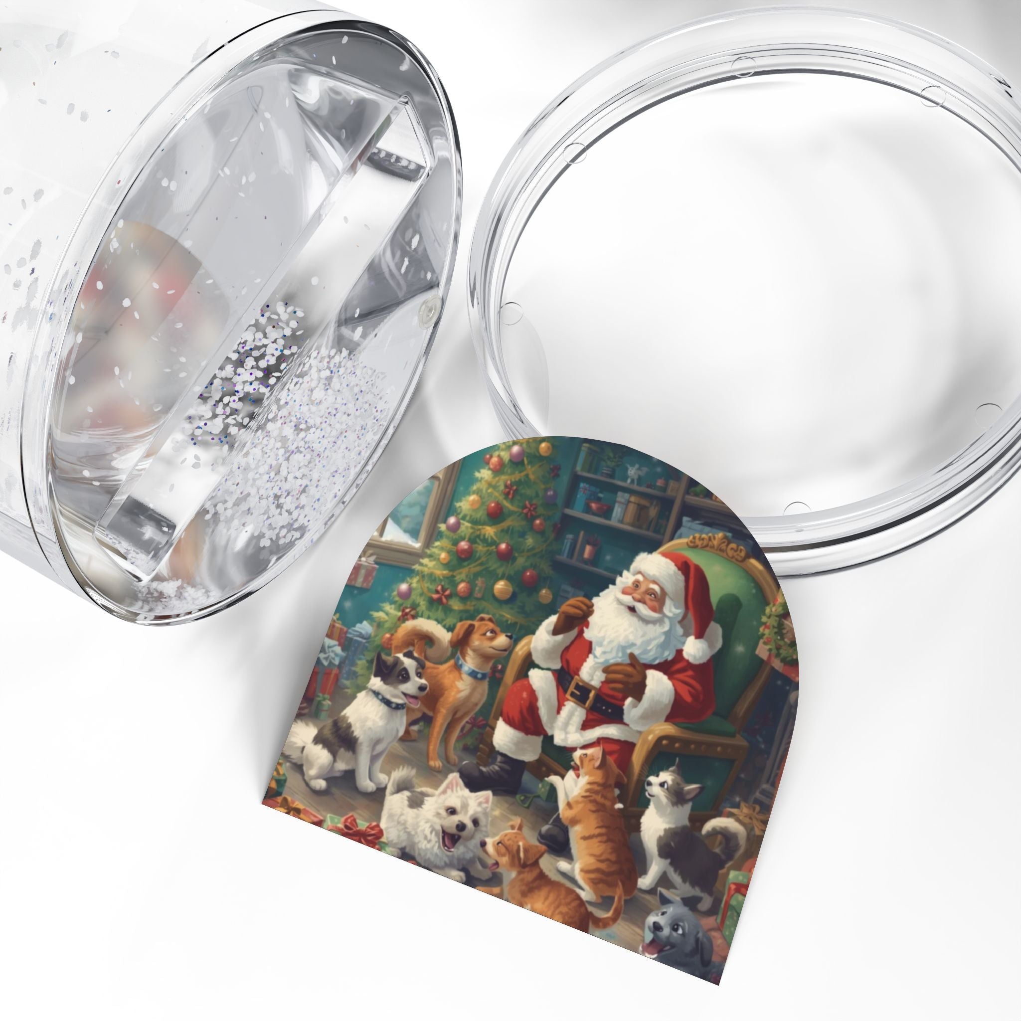 Weihnachts-Schneekugel mit Weihnachtsmann und Haustieren