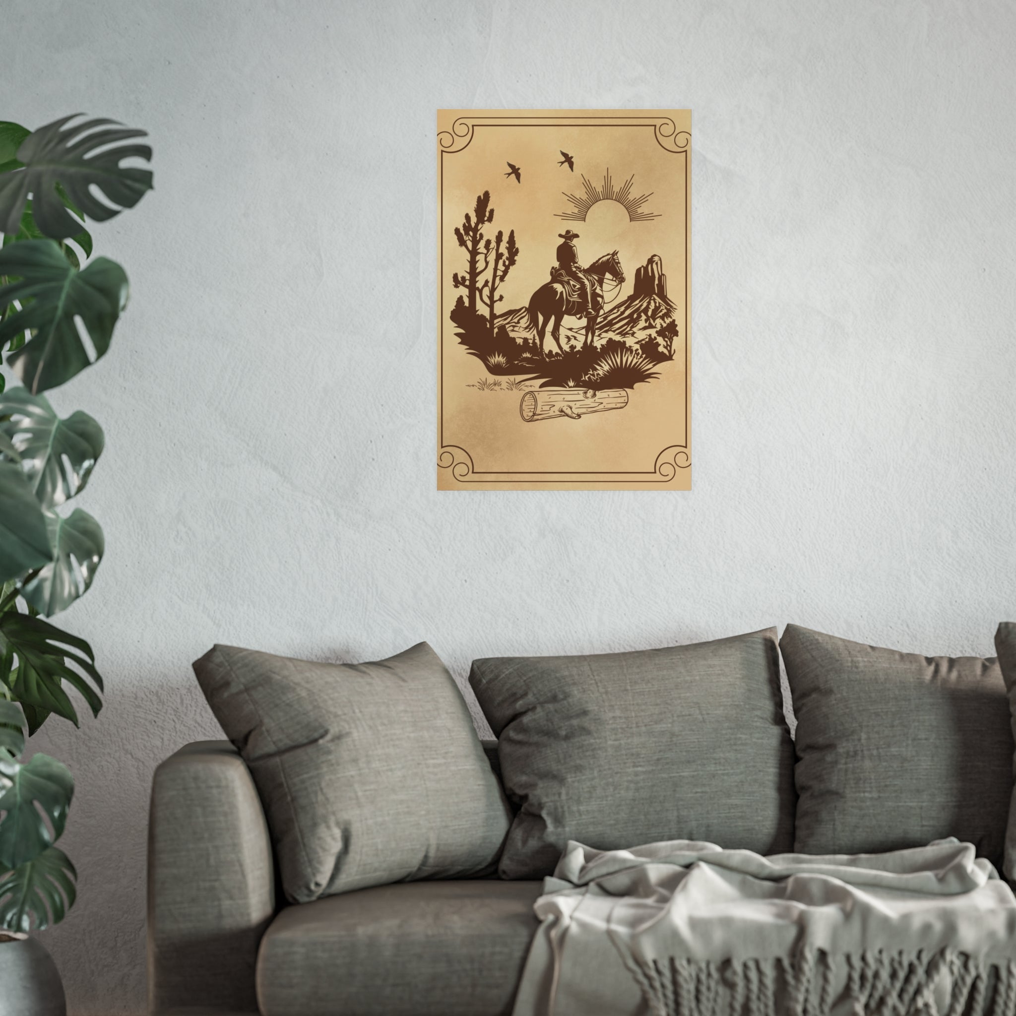 Poster Cowboy reitet durch die Prärie über das Sofa