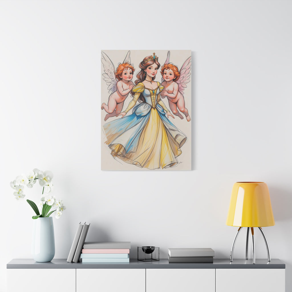 Prinzessin mit ein Seiden mehrfarbiges  Gelb  blaues Kleid und kleine Engel in Mal Motiv an die Wand