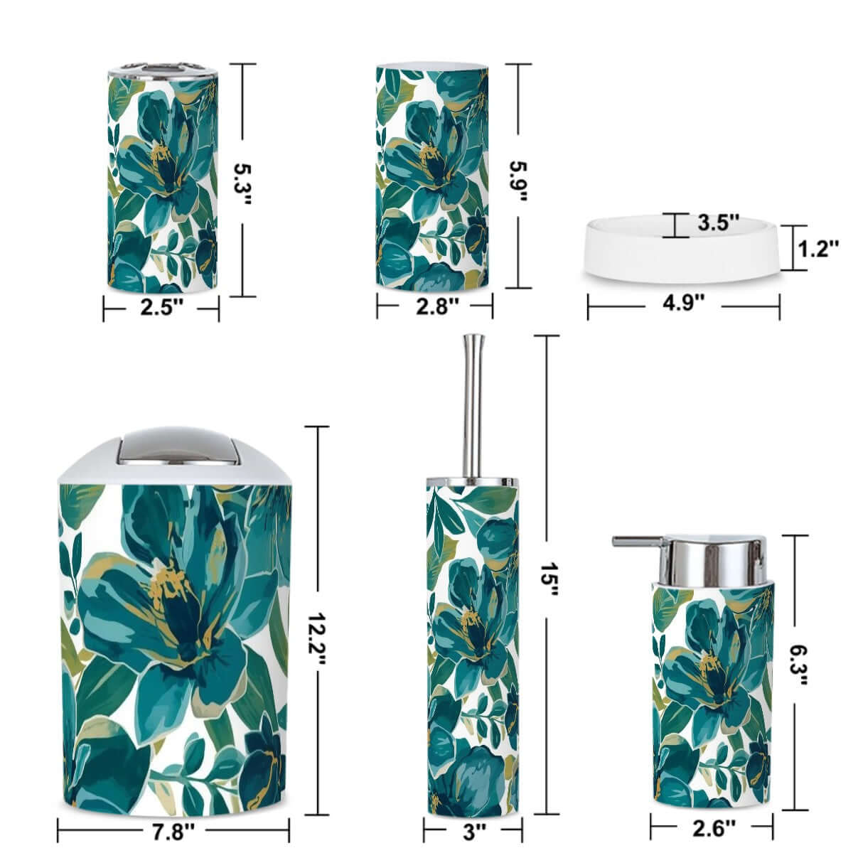 Badezimmer-Accessoires-Set, 5-teilig aus Plastik mit floralem Design, inklusive Zahnbürstenhalter und Seifenspender, wasser- und fleckenfest.