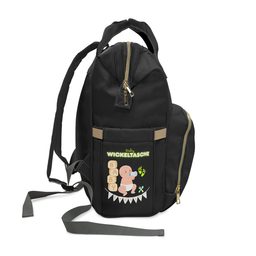 Stylischer multifunktionaler Wickelrucksack für moderne Eltern schwarz mit ein Baby Design und Mama