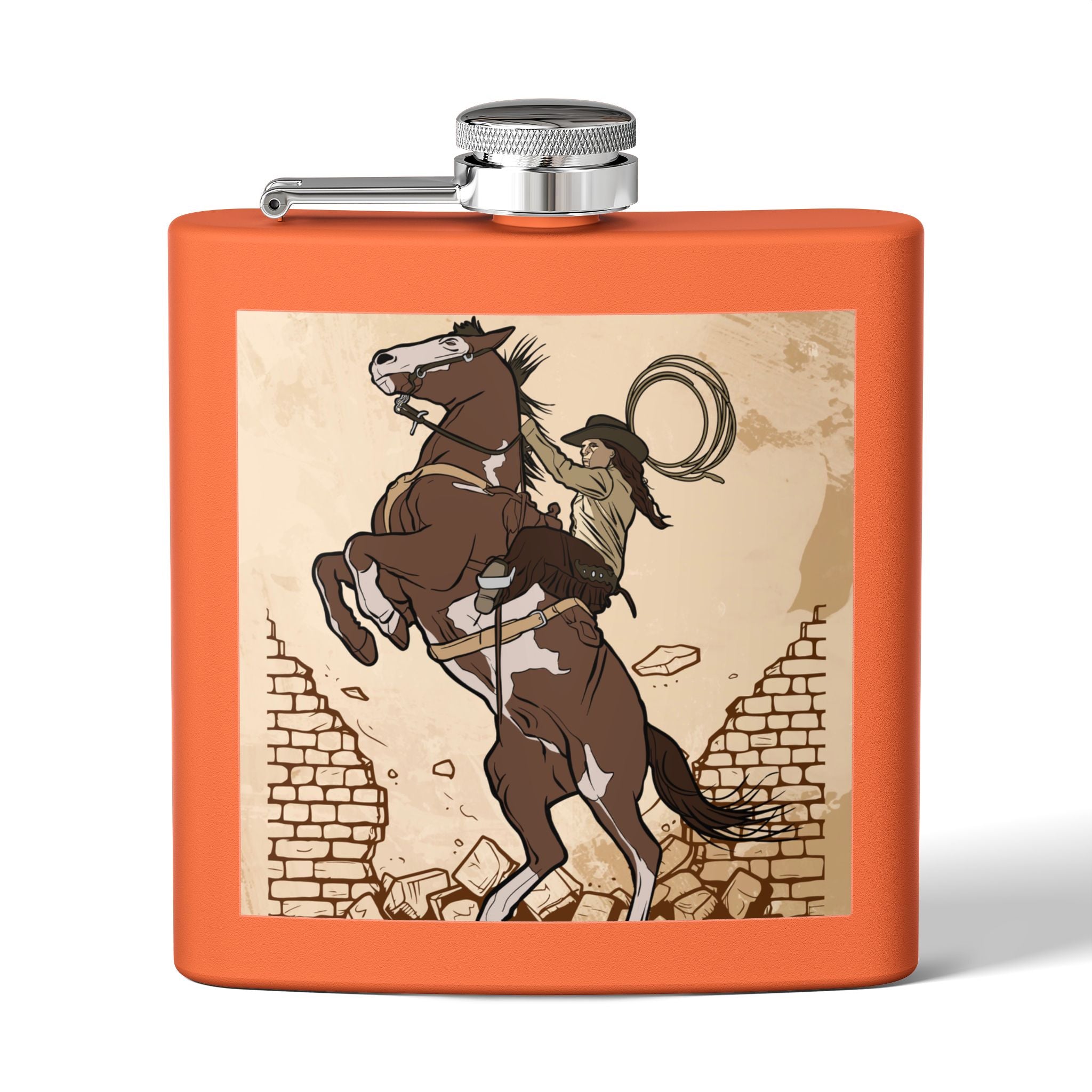 Edelstahl-Flachmann mit Cowboy-Motiv Trinkgefäß für Abenteurer orange