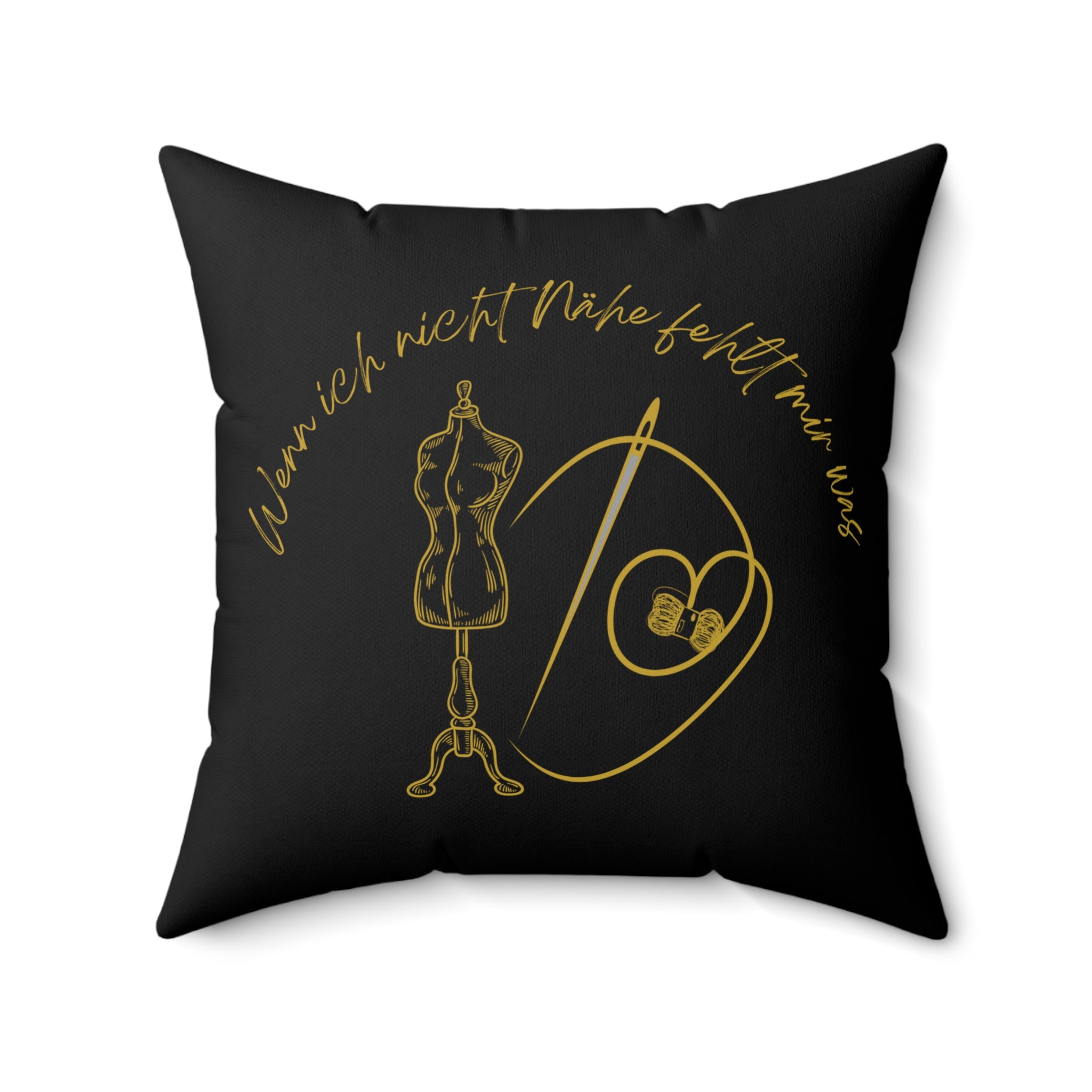 Quadratisches Kissen aus gesponnenem Polyester Motiv Nähen Schwarz mit Goldschrift
