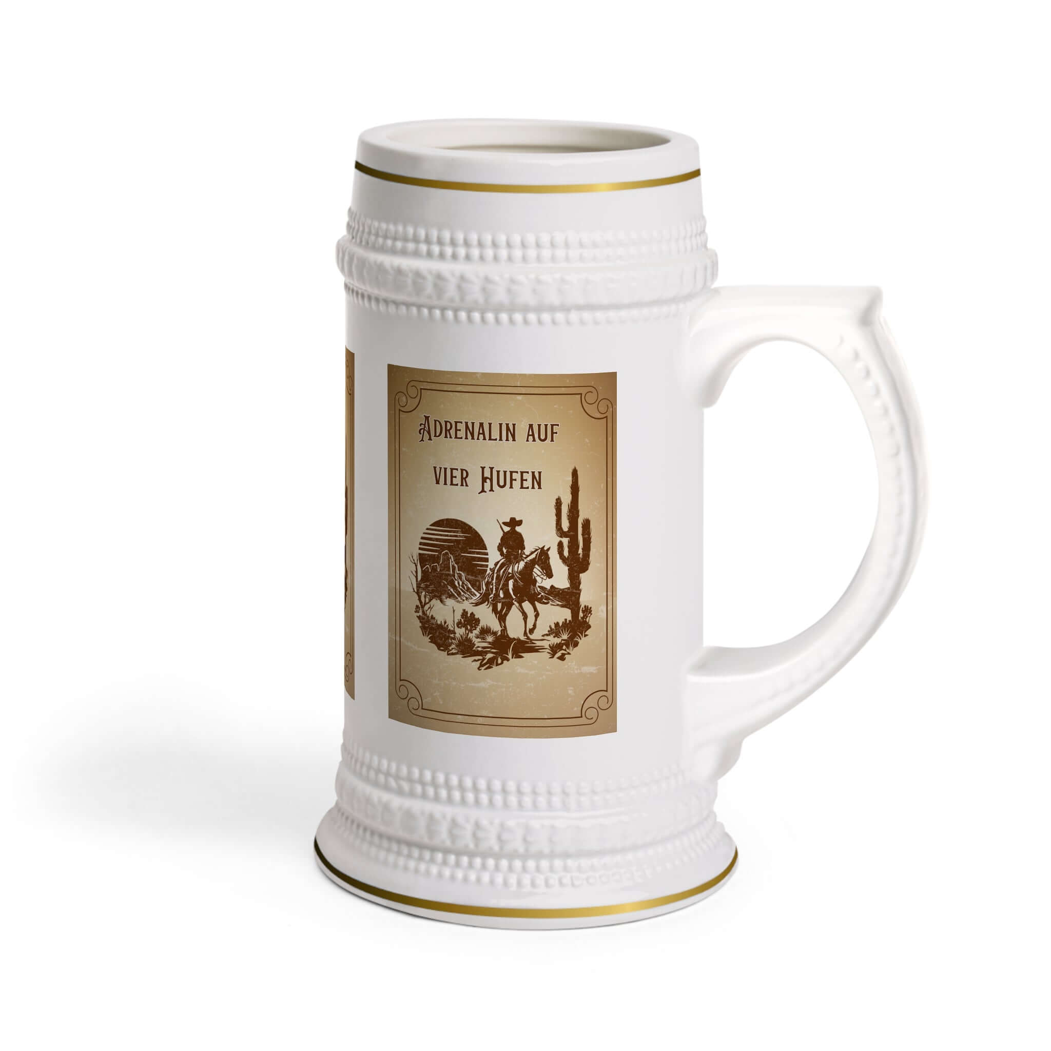 Bierkrug – „Adrenalin Auf Vier Hufen“ Ein Bierkrug, der nicht nur praktisch ist, sondern auch eine starke Botschaft vermittelt. Mit dem Spruch „Adrenalin Auf Vier Hufen“ und einem passenden Pferde-Motiv wird er zum perfekten Geschenk für Reitsport- und Pf