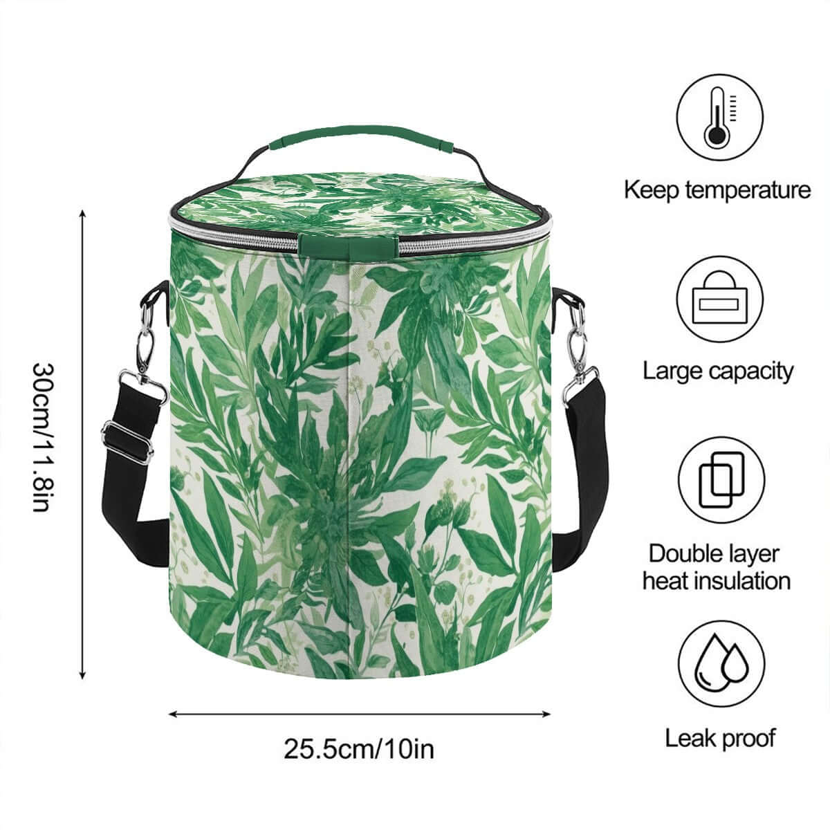Camping‑Kühltasche - Tragbar, isoliert, wasserdicht, 25,5cm x 30cm, grün mit Blätterdesign, perfekt für Outdoor-Events und Camping.