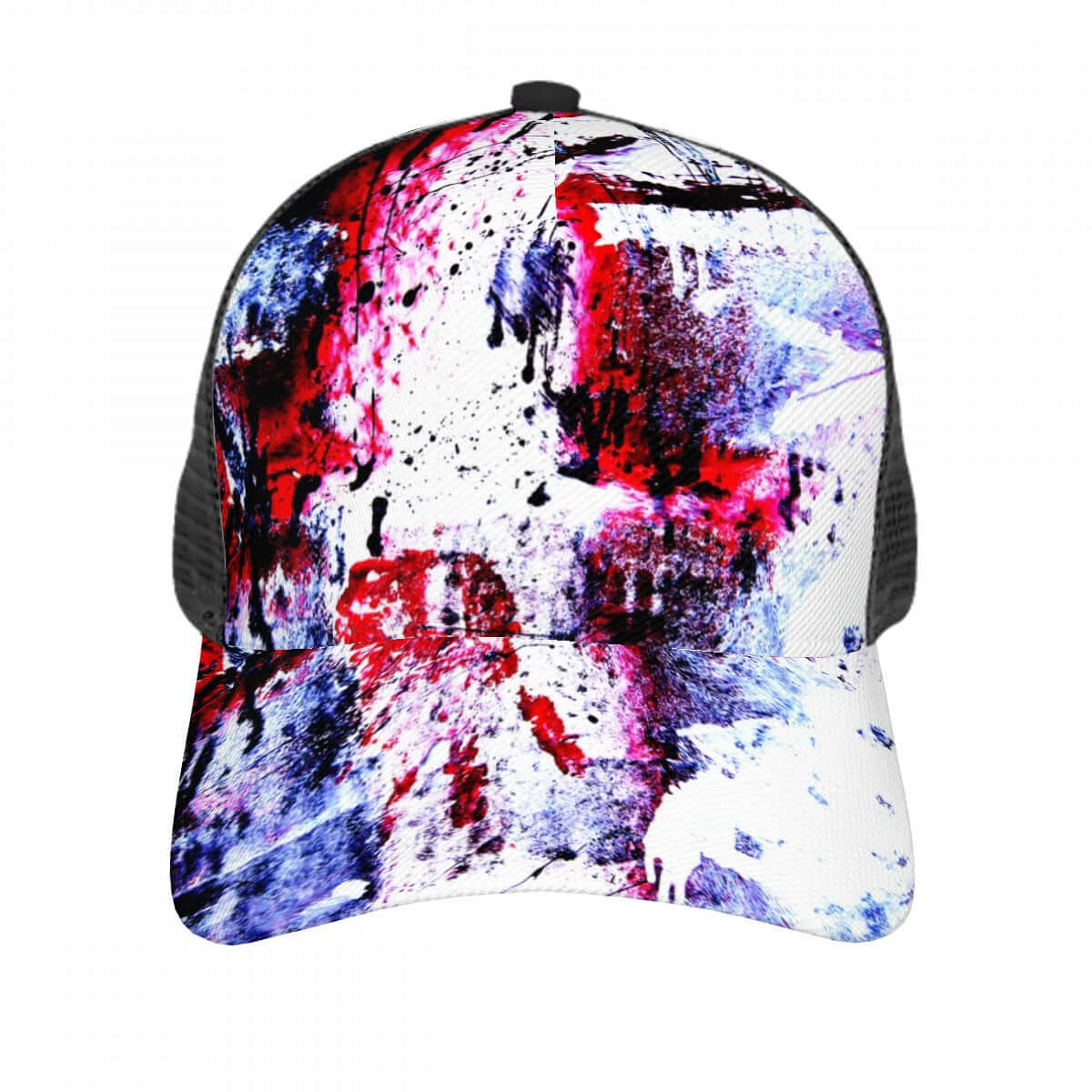 Baseballkappe aus Mesh (vollständiges Muster) mit lebendigem einseitigem Design in rot und blau, Polyester-Twill-Stoff, atmungsaktive Mesh-Rückseite.